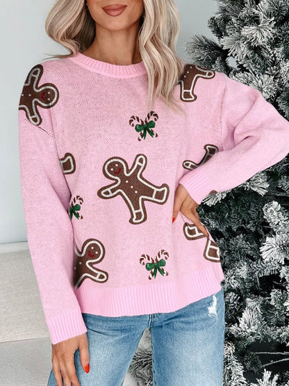 Christmas Ginger Bread Man Round Neck Casual Sweater-Nordavory