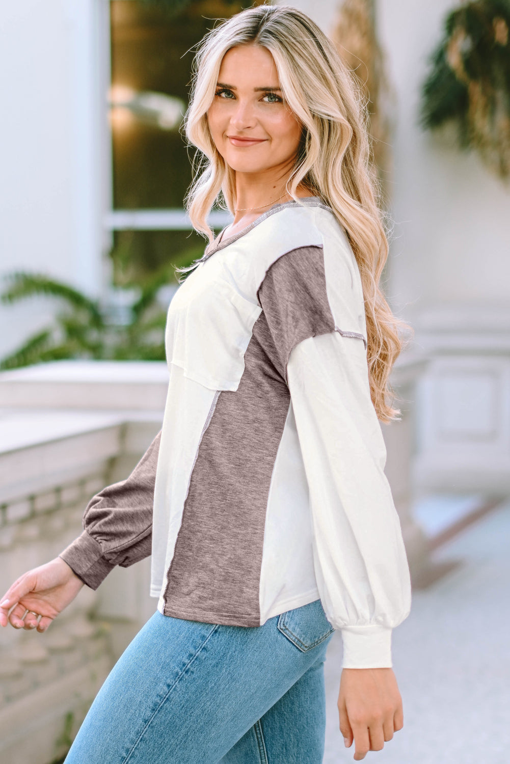 Color Block Exposed Seam Blouse-Nordavory