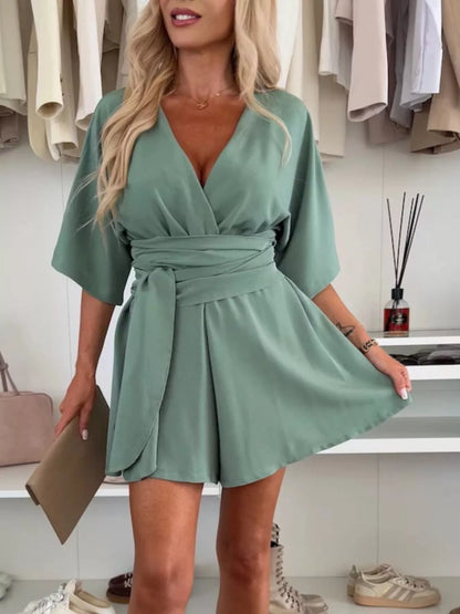 Full Size Surplice Tie Waist Romper Plus Size-Nordavory