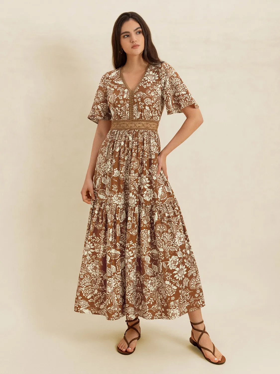Lace Detail Printed Short Sleeve Midi Dress-Nordavory