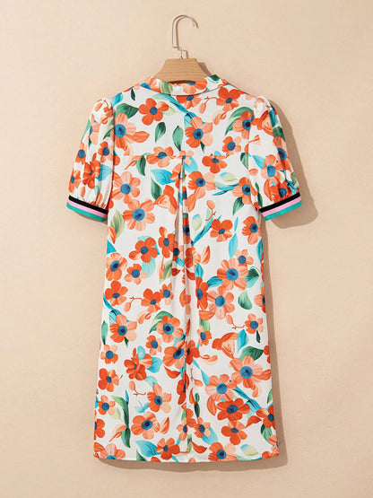 Contrast Trim Floral Split Neck Puff Short Sleeve Tiered Mini Dress-Nordavory