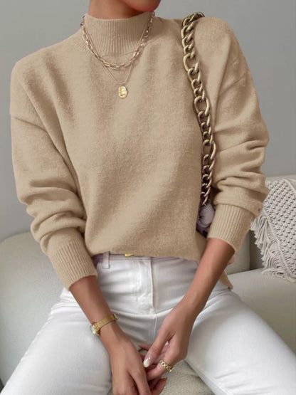 Mock Neck Dropped Shoulder Sweater-Nordavory