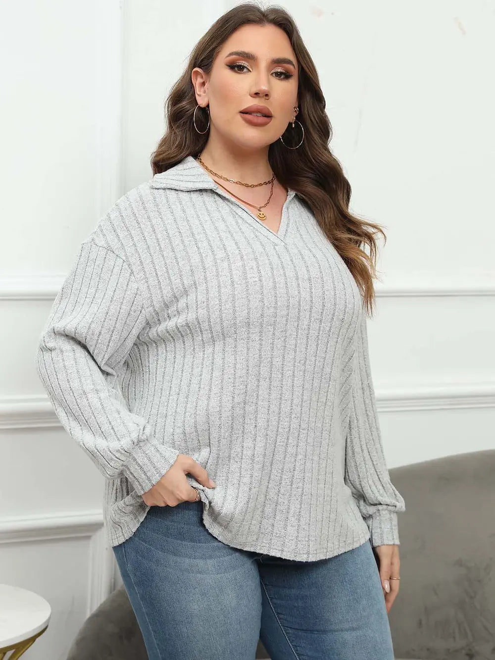 Plus Size Ribbed Collared Neck Long Sleeve Blouse-Nordavory