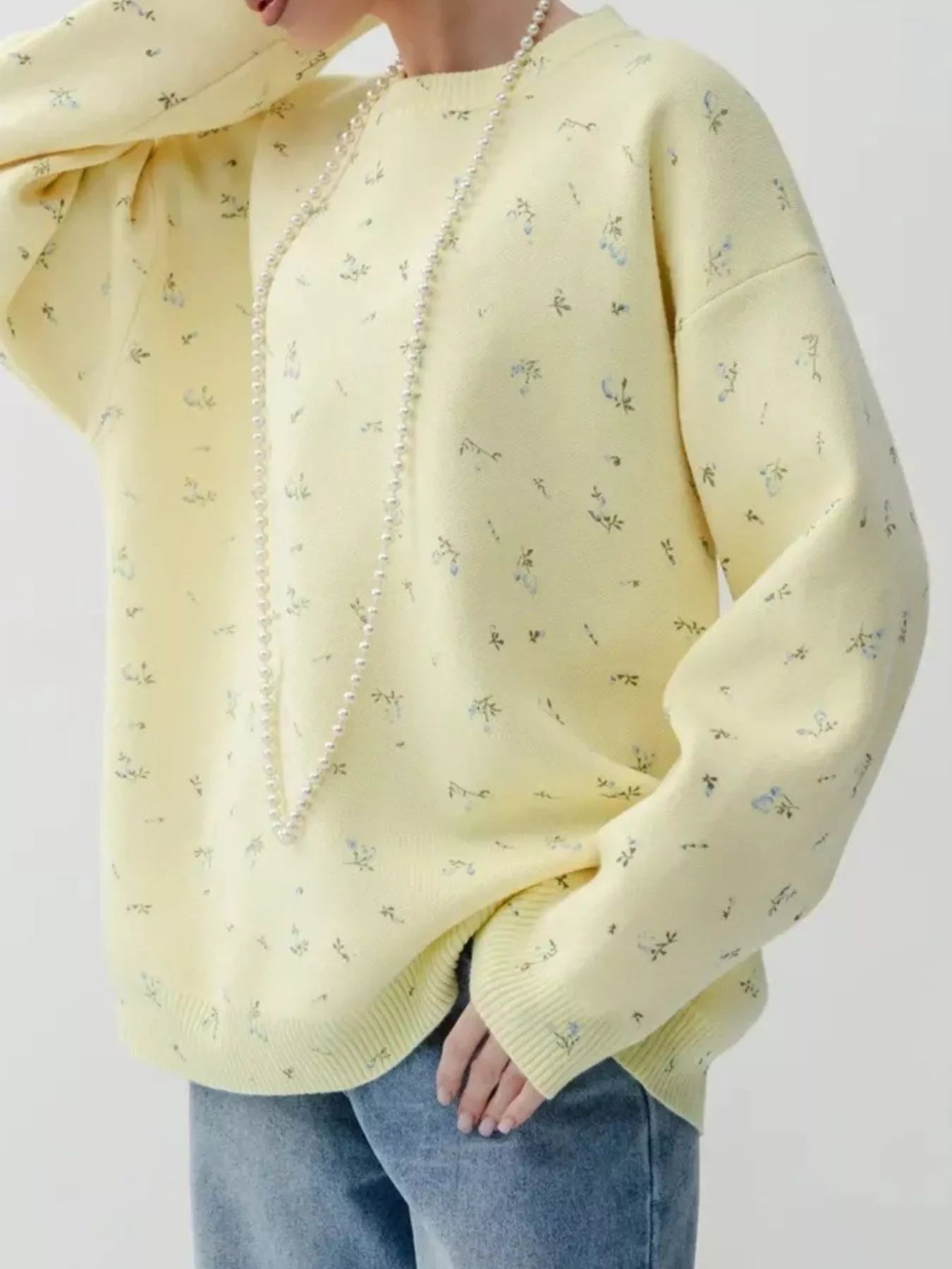 Ribbed Hem Floral Long Sleeve Sweater-Nordavory