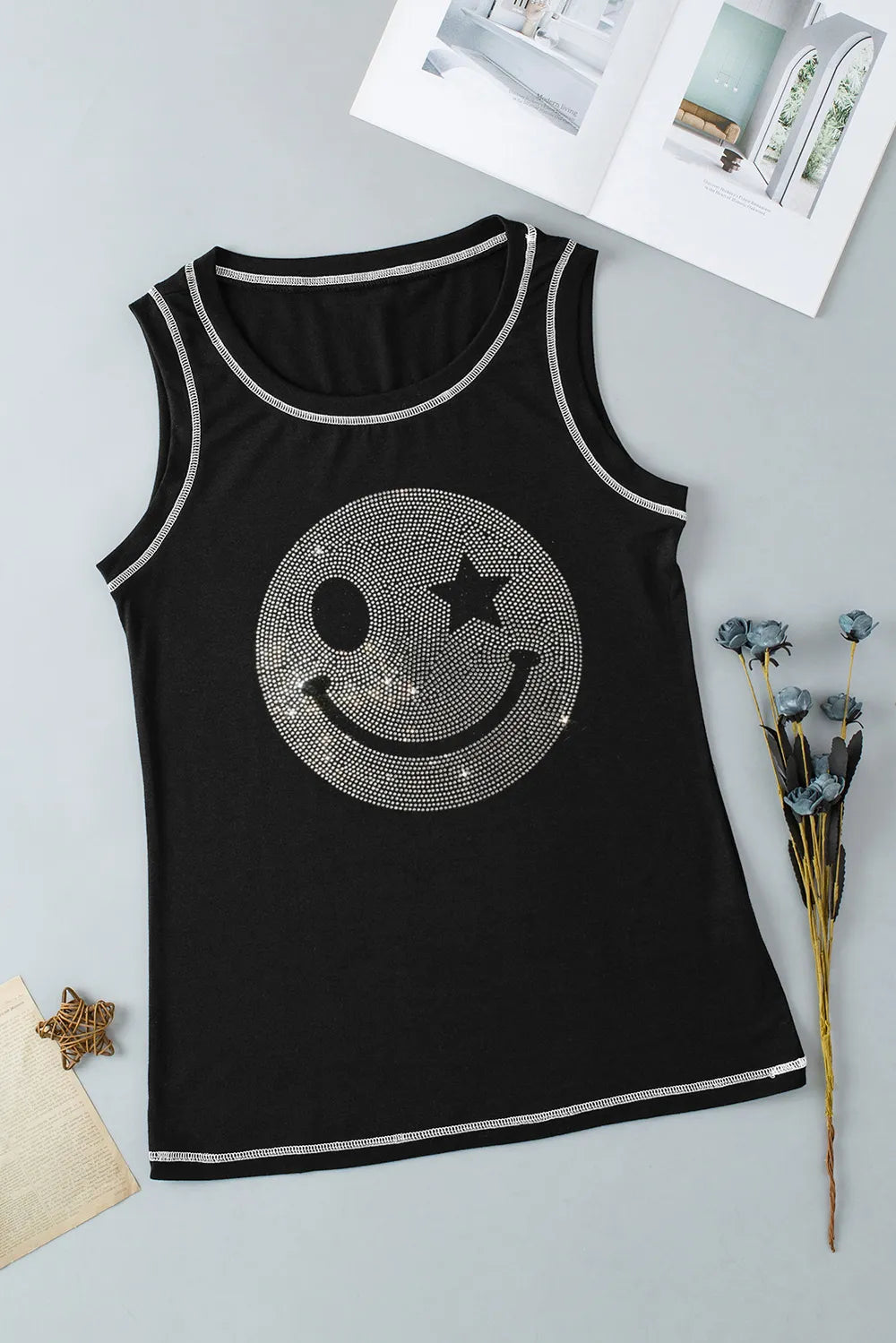 Rhinestone Smile Face Round Neck Tank-Nordavory