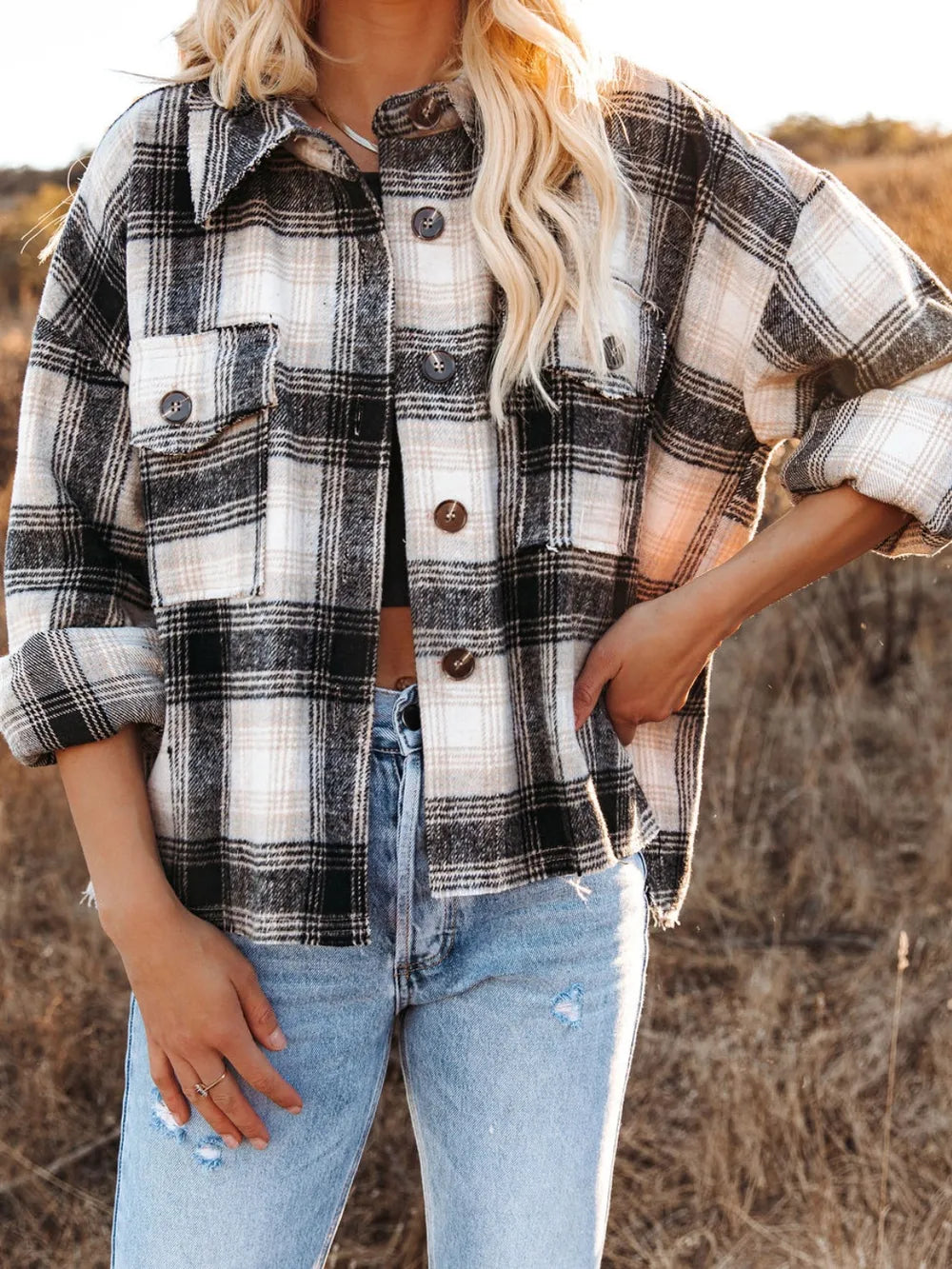 Pocketed Plaid Button Down Long Sleeve Shacket-Nordavory