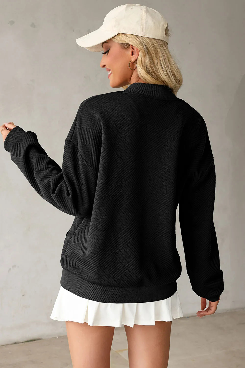 Texture Zip Up Baseball Collar Long Sleeve Jacket-Nordavory