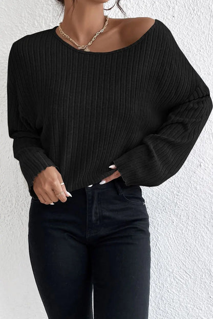 Ribbed Round Neck Drop Shoulder Long Sleeve Top-Nordavory