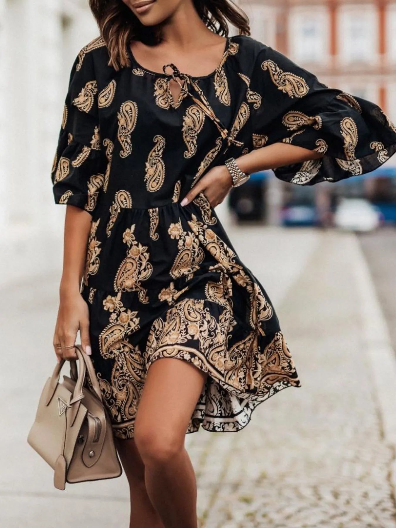 Paisley Print Tie Neck Half Sleeve Mini Dress-Nordavory