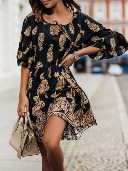 Paisley Print Tie Neck Half Sleeve Mini Dress-Nordavory