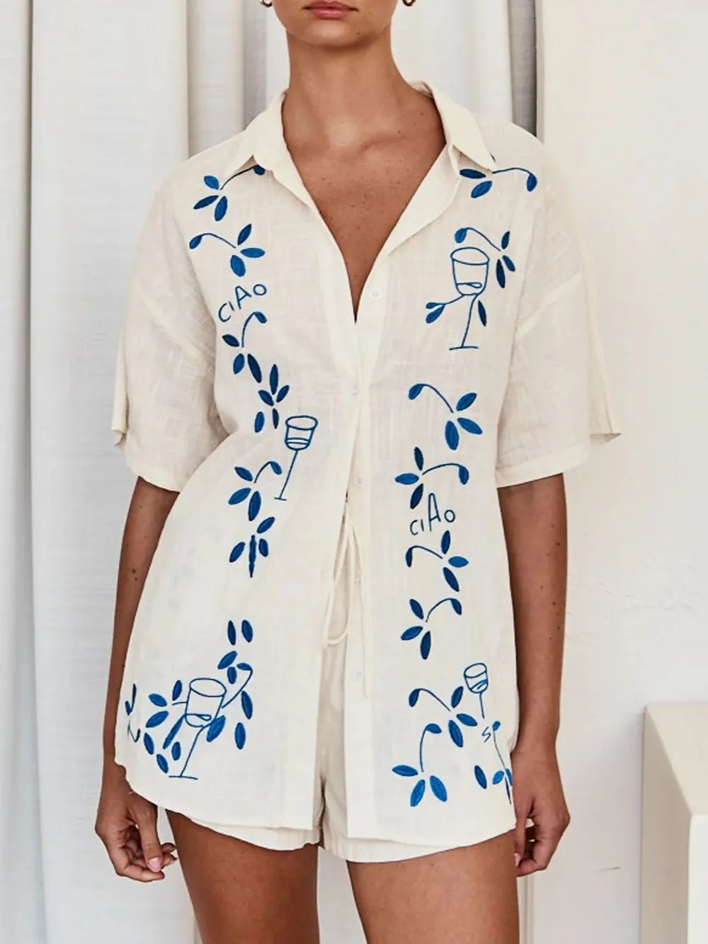 Embroidered Button Up Half Sleeve Top and Shorts Set-Nordavory