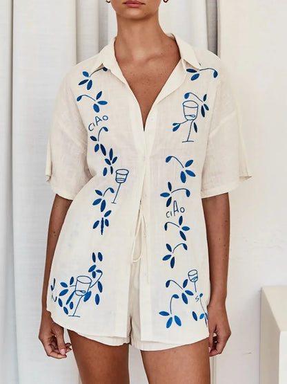 Embroidered Button Up Half Sleeve Top and Shorts Set-Nordavory