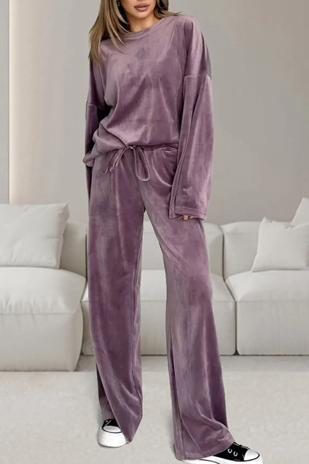 Buttery-Soft Round Neck Long Sleeve Top and Drawstring Pants Set-Nordavory