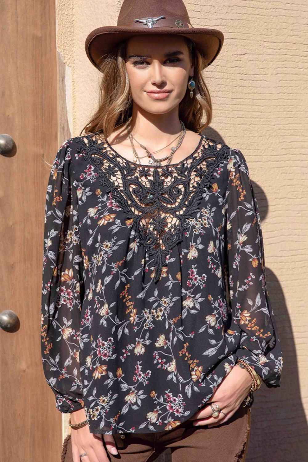 Printed Round Neck Long Sleeve Blouse-Nordavory