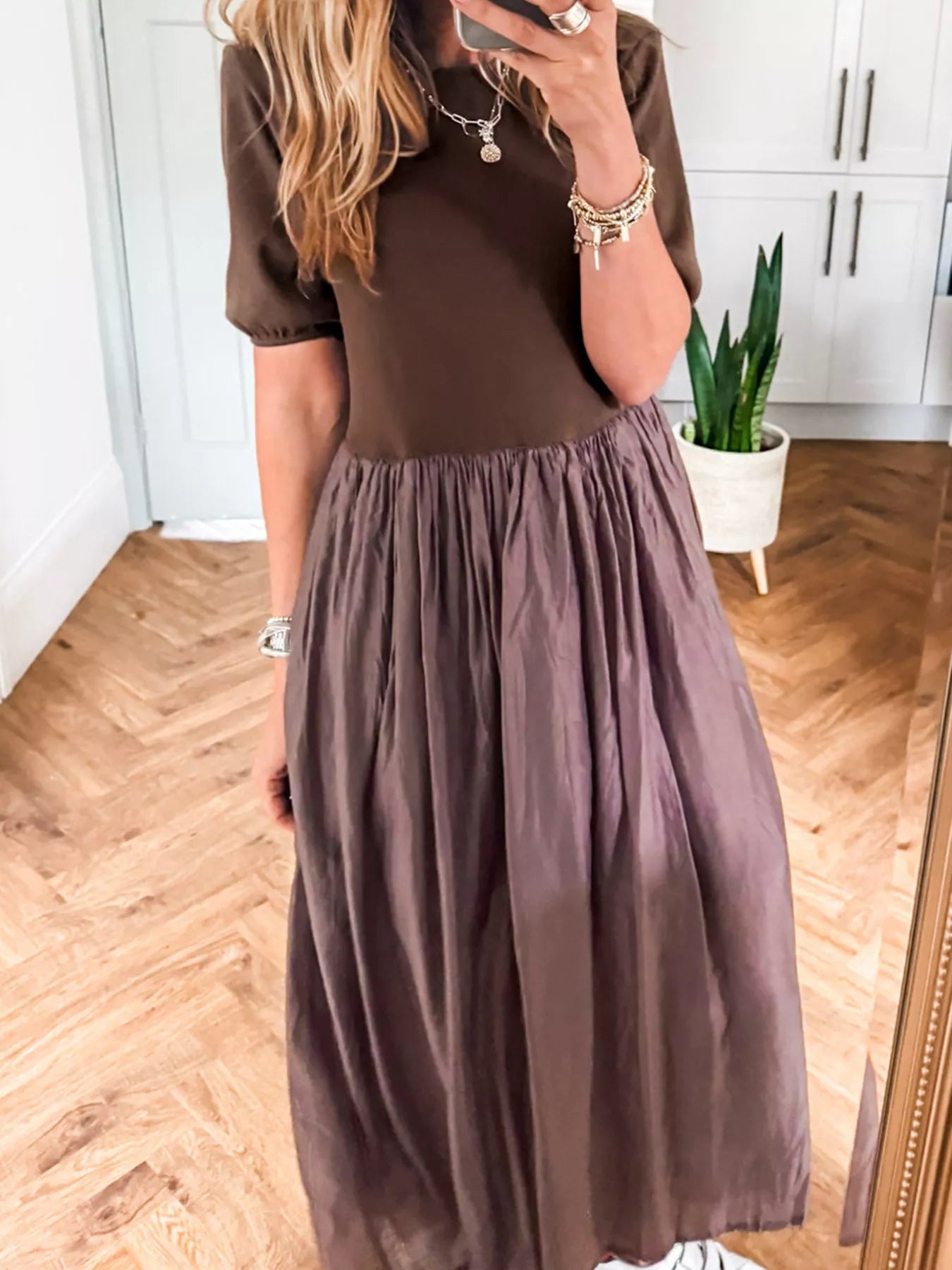 Short Sleeve Knit Top Patchwork Pleated Dress-Nordavory