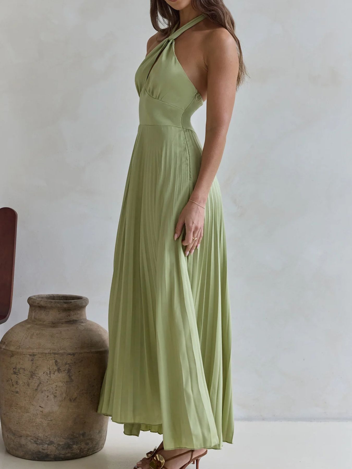Halter Neck Pleated A-Line Dress-Nordavory