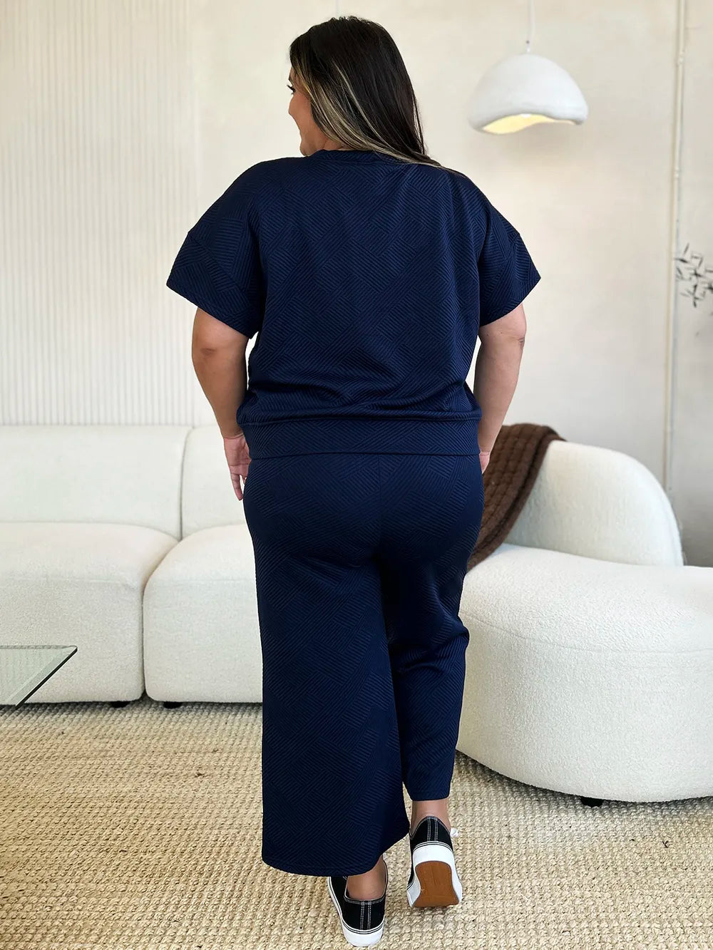 Double Take Full Size Texture Short Sleeve Top and Pants Set-Nordavory