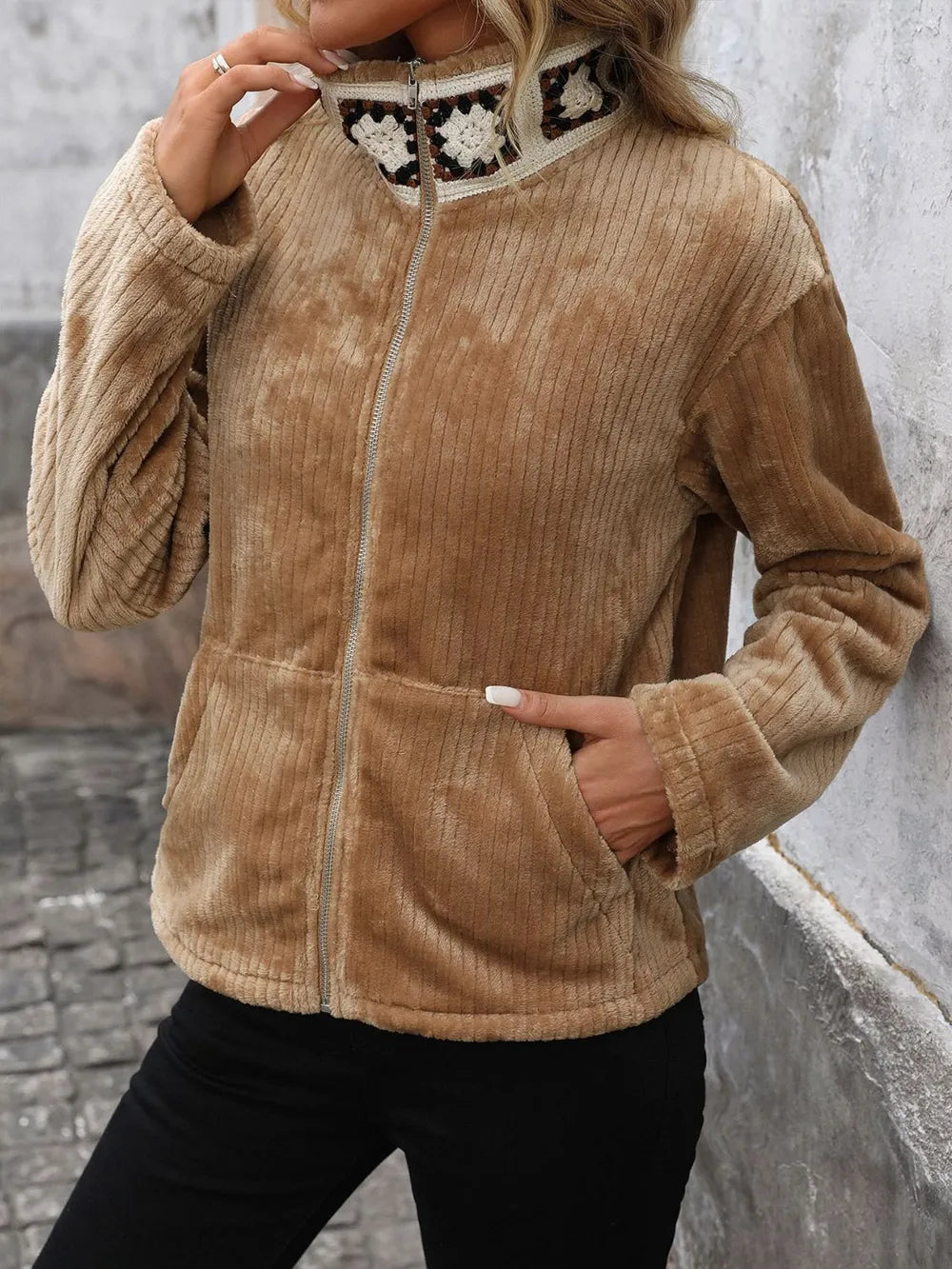 Perfee Pocketed Zip Up Collared Neck Long Sleeve Jacket-Nordavory