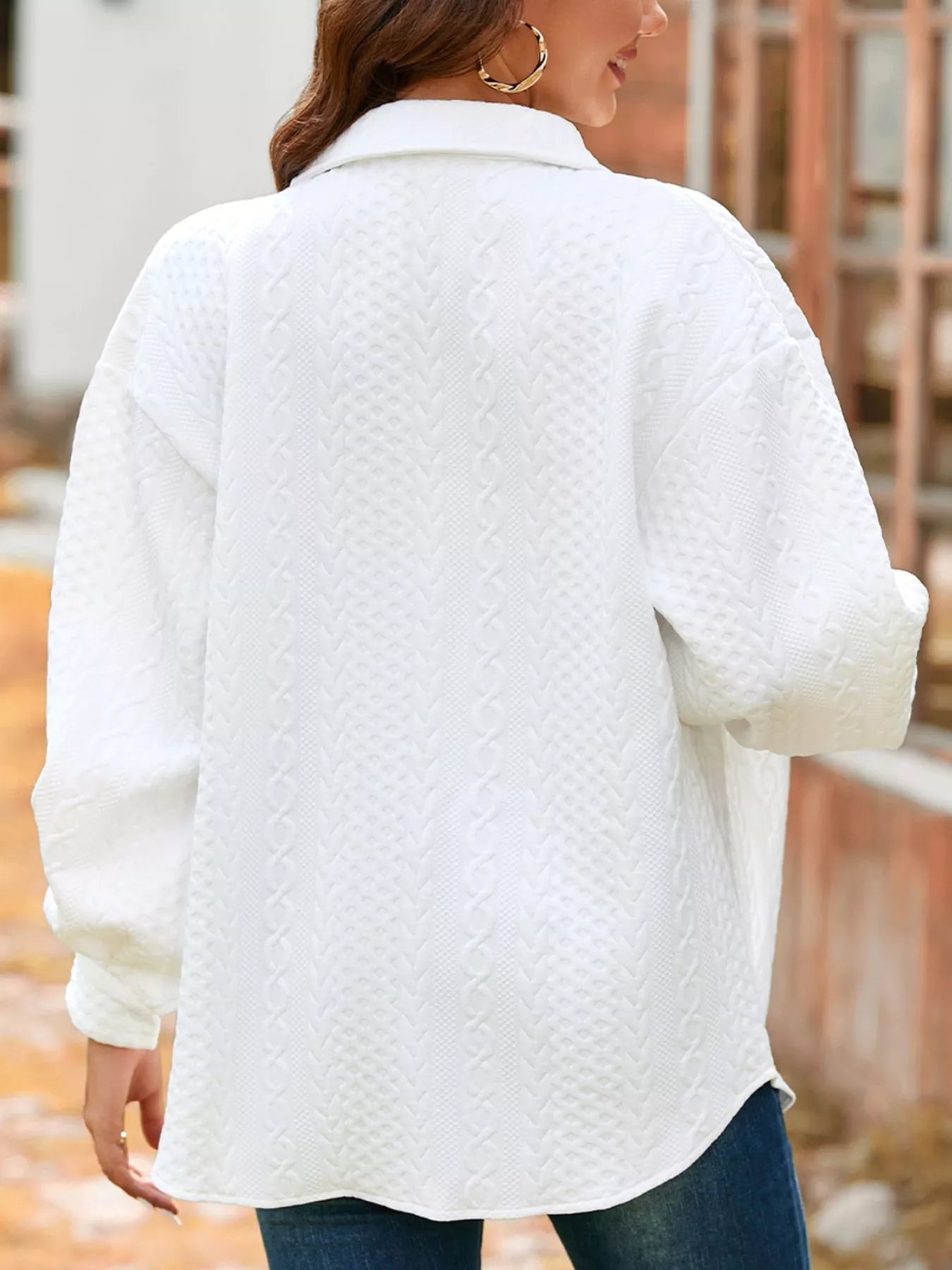 Cable Texture Puff Sleeve Loose Shacket-Nordavory