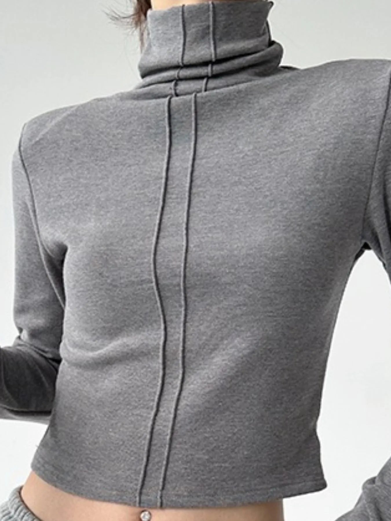 High Neck Long Sleeve Cropped T-Shirt-Nordavory