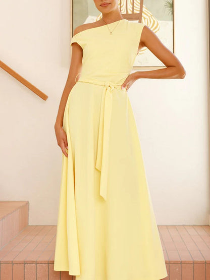 Single Shoulder Tie Waist Maxi Dress-Nordavory