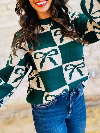 Checkered Bow Round Neck Casual Sweater-Nordavory