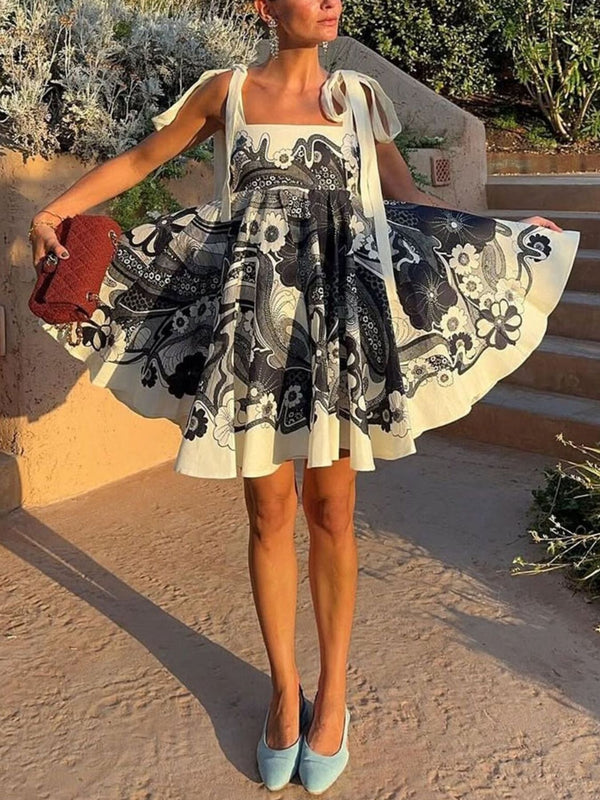 Printed Tie Shoulder Mini Dress-Nordavory