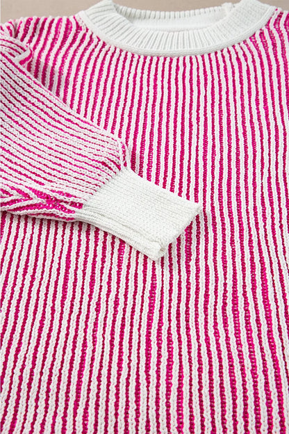 Striped Textured Knit Contrast Edge Loose Sweater-Nordavory