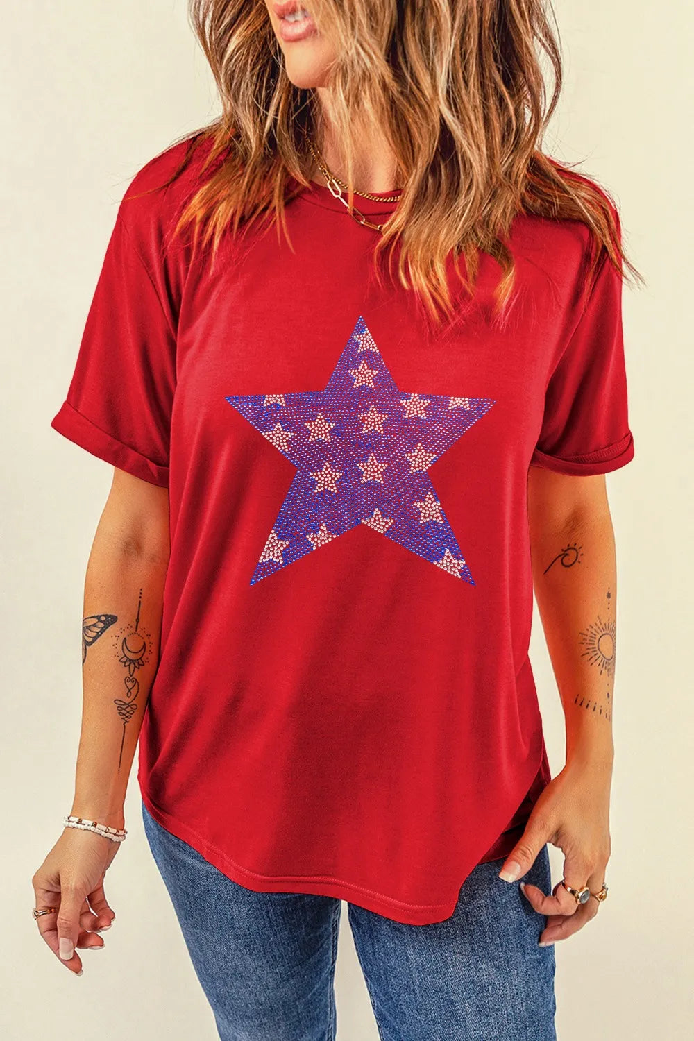 Patriotic Star Round Neck T-Shirt-Nordavory