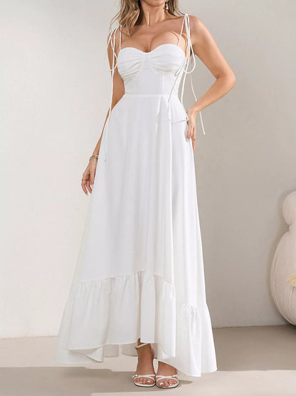 Sweetheart Neck Tie-Strap Ruffle Hem Maxi Dress-Nordavory