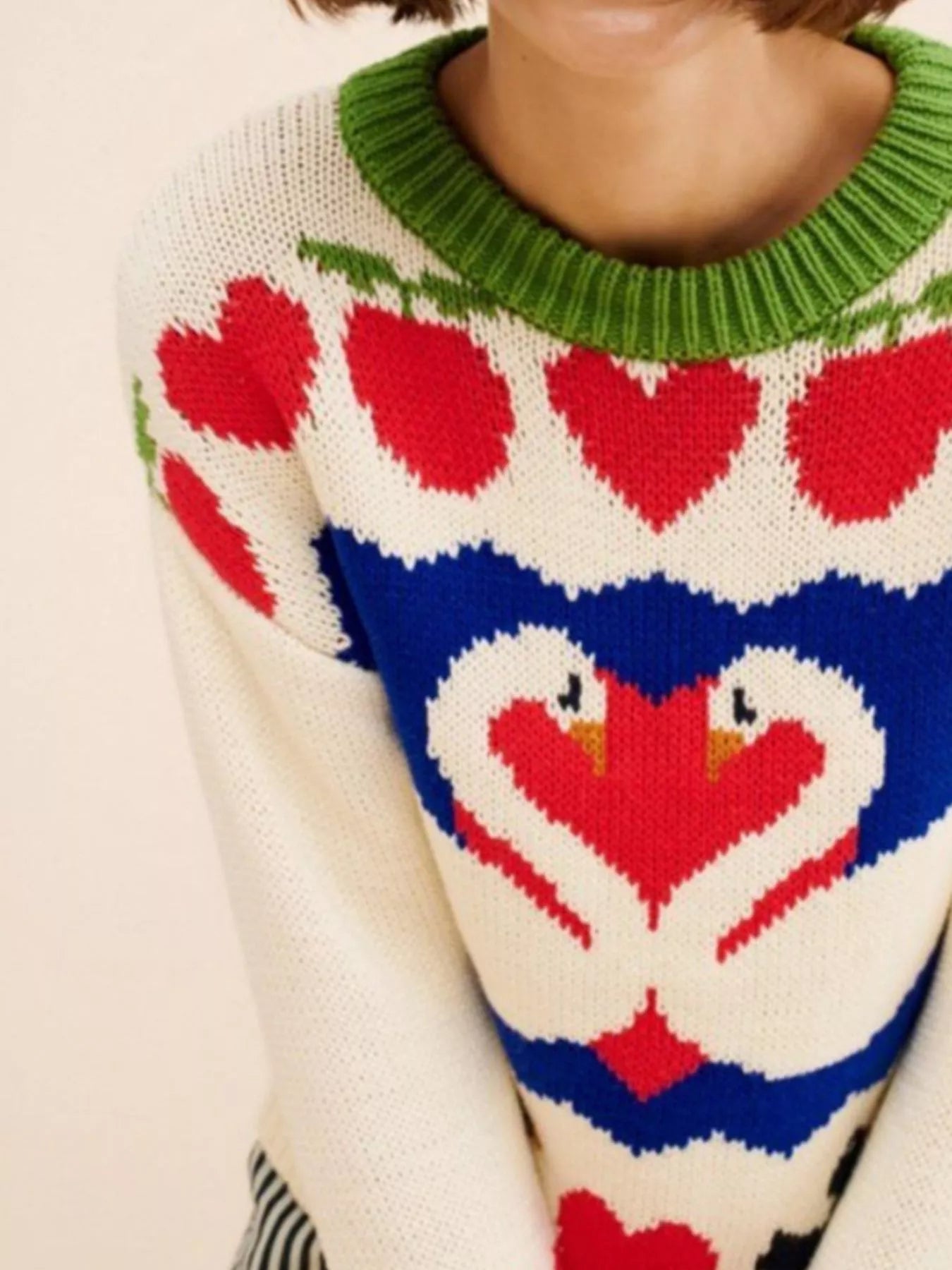 Swan Heart Pattern Round Neck Sweater-Nordavory