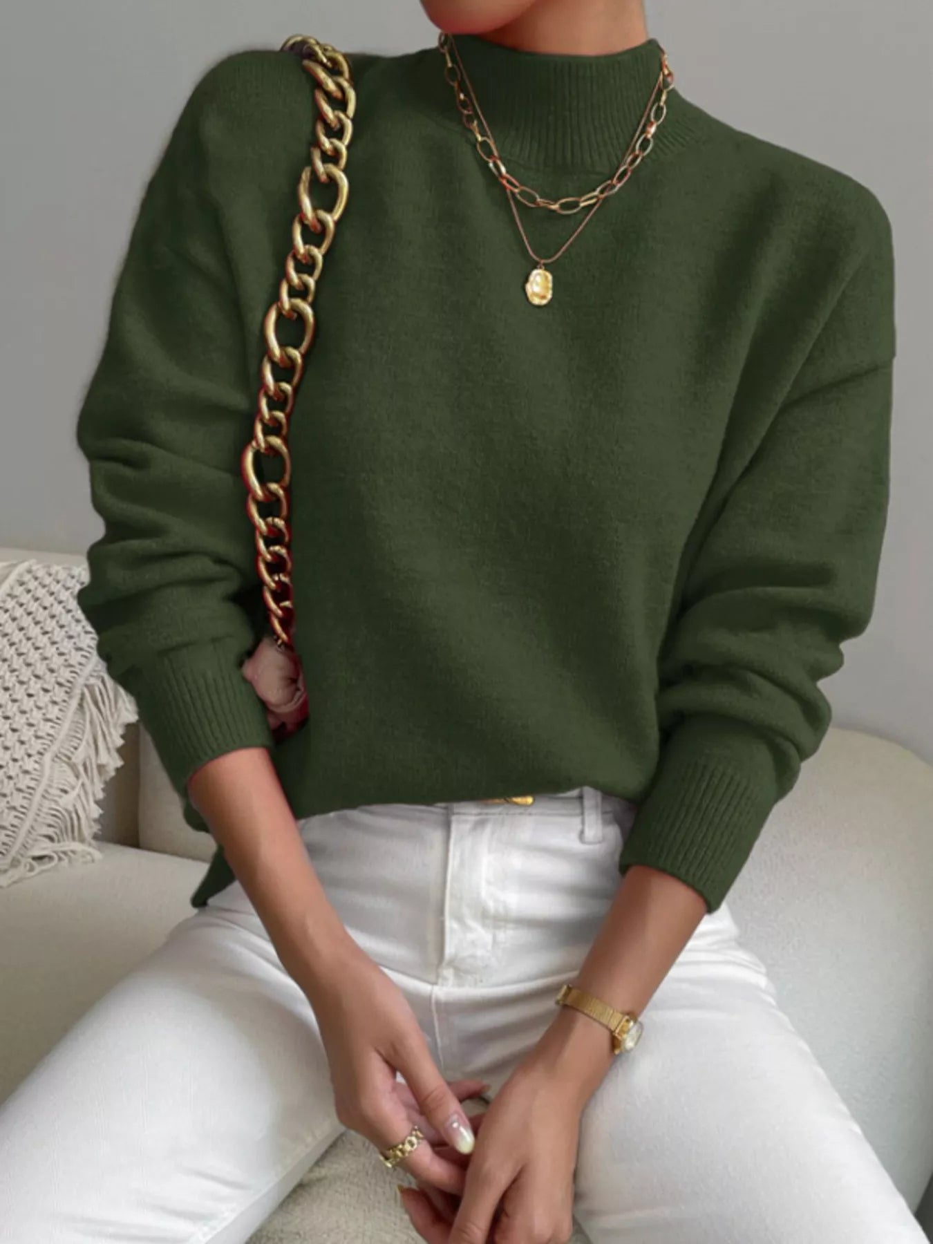 Mock Neck Dropped Shoulder Sweater-Nordavory