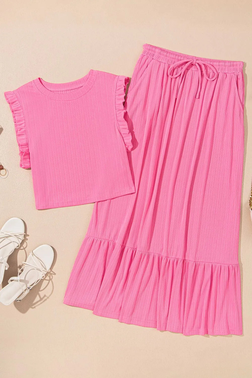 Ruffle Trim Round Neck Top and Drawstring Skirt Set-Nordavory