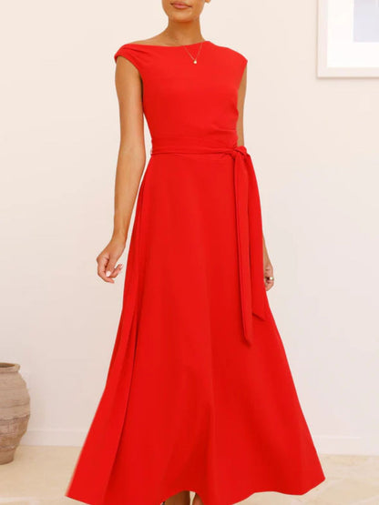Single Shoulder Tie Waist Maxi Dress-Nordavory