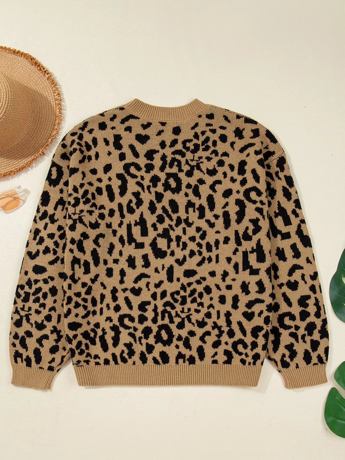 Ribbed Trim Round Neck Leopard Drop Shoulder Sweater-Nordavory