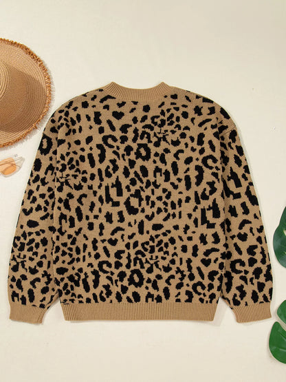 Ribbed Trim Round Neck Leopard Drop Shoulder Sweater-Nordavory