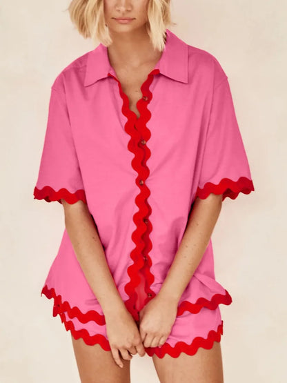 Contrast Trim Half Sleeve Top and Shorts Set-Nordavory