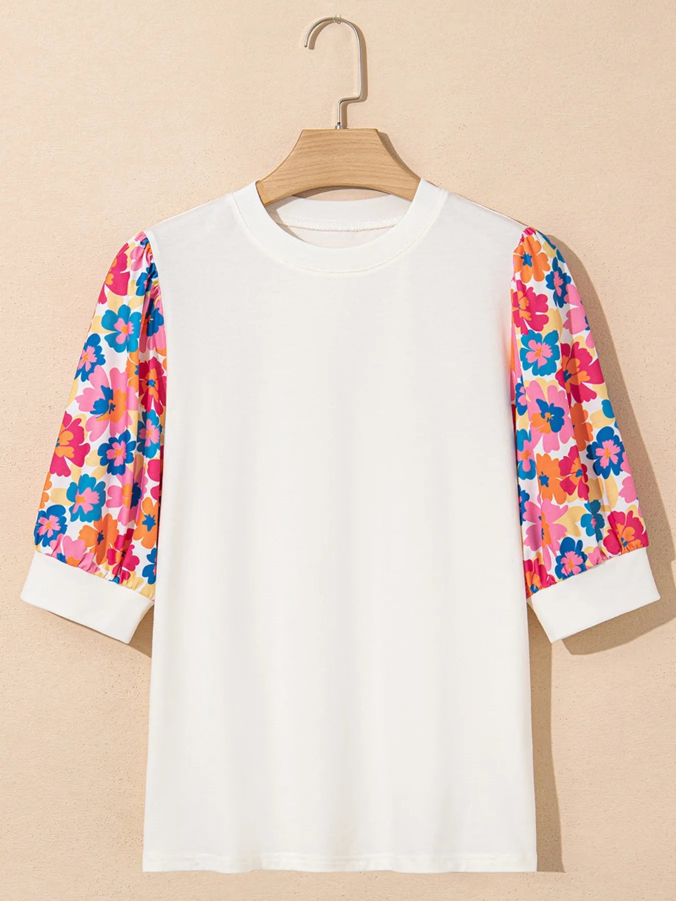Floral Puff Sleeve Round Neck T-Shirt-Nordavory