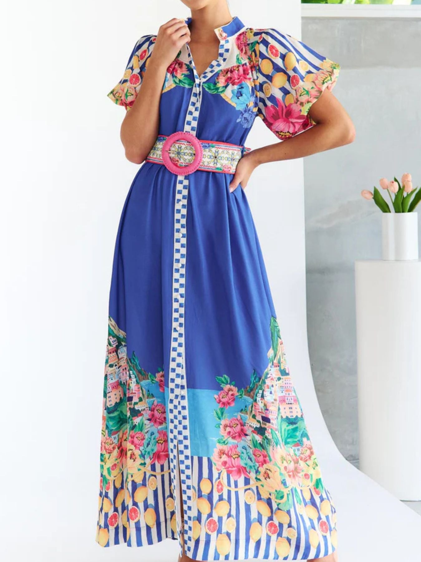 Printed Button Front Puff Sleeve Maxi Dress-Nordavory