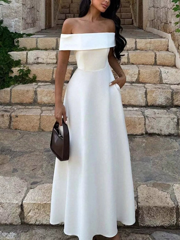 Off-Shoulder A-Line Maxi Dress-Nordavory