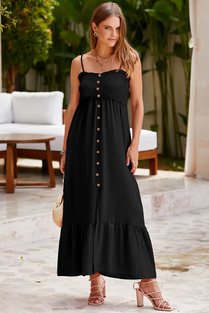 Smocked Spaghetti Strap Ruffle Hem Dress-Nordavory