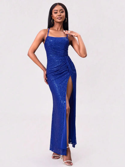 Slit Sequin Square Neck Spaghetti Strap Dress-Nordavory