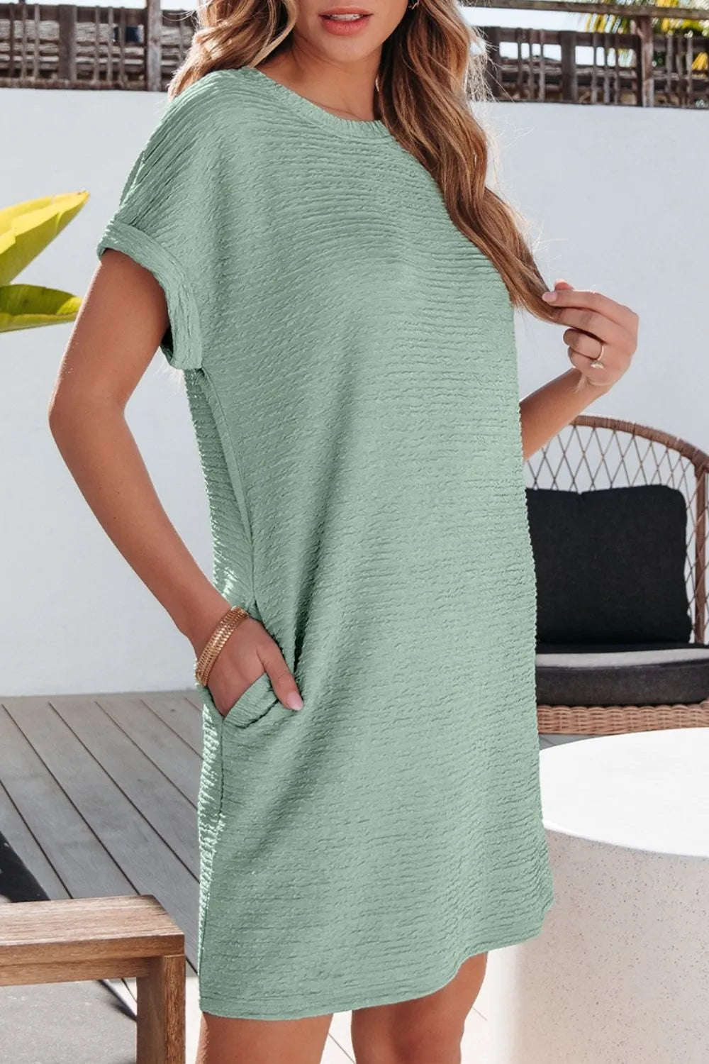 Solid Color Textured Crinkle Short Sleeve T Shirt Dress-Nordavory