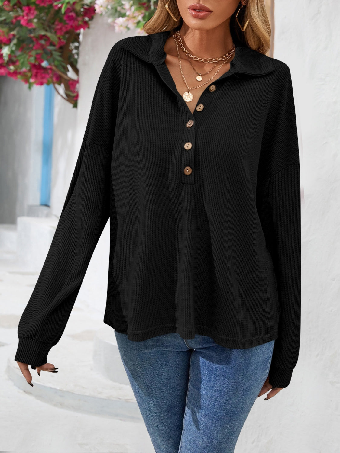 Half Button Collared Neck Long Sleeve Top-Nordavory