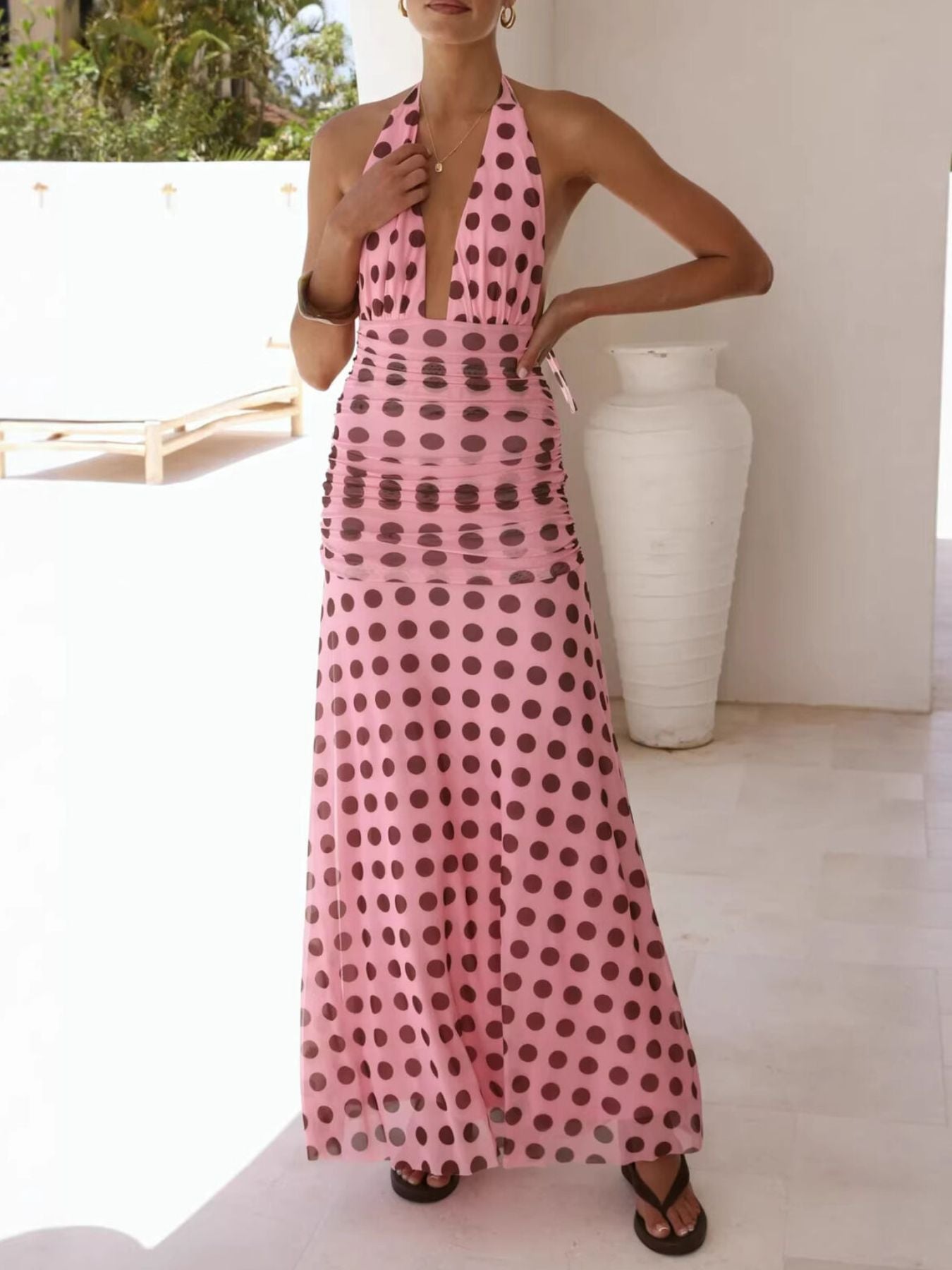 Polka Dot Halter Ruched Maxi Dress-Nordavory