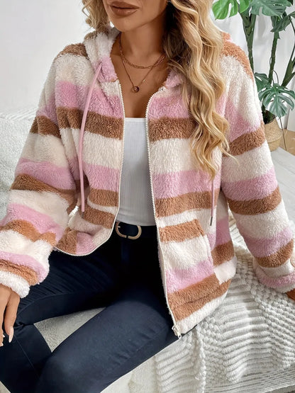 Drawstring Striped Zip Up Hooded Jacket-Nordavory