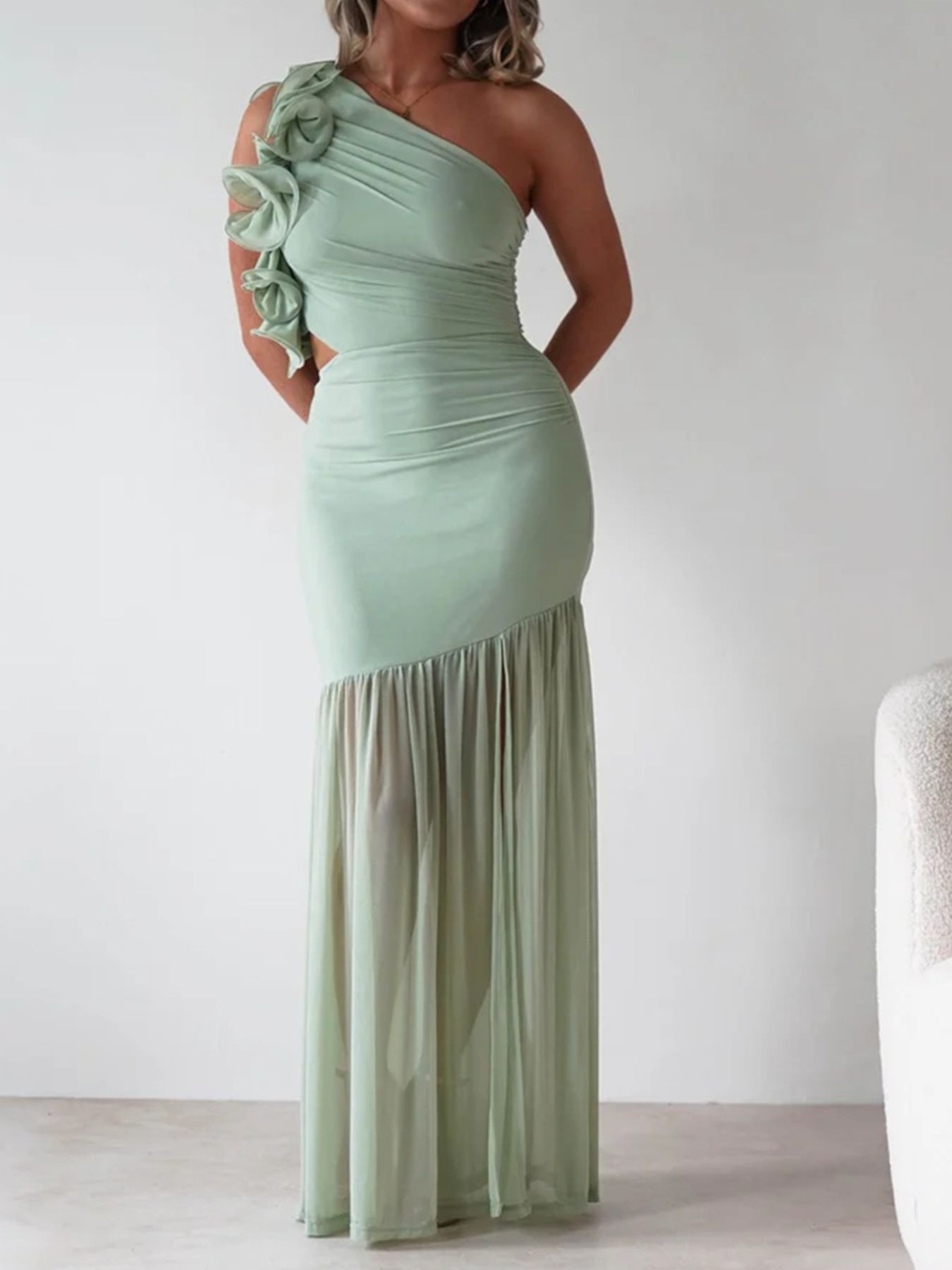 One-Shoulder Ruffle Trim Maxi Dress-Nordavory