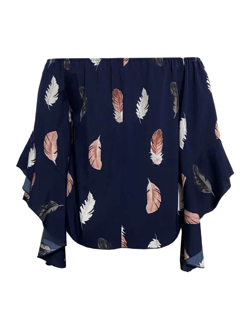 Feather Print Smocked Off-Shoulder Blouse-Nordavory