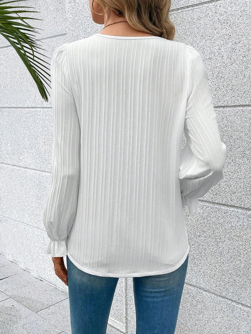 V-Neck Lace Detail Flounce Sleeve Blouse-Nordavory