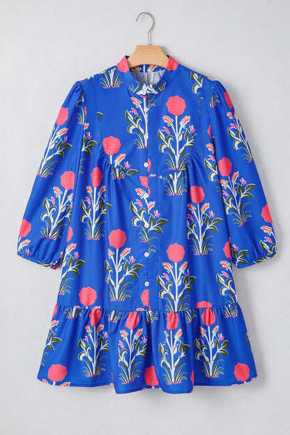 Floral Print Long Sleeve Ruffle Hem Dress-Nordavory